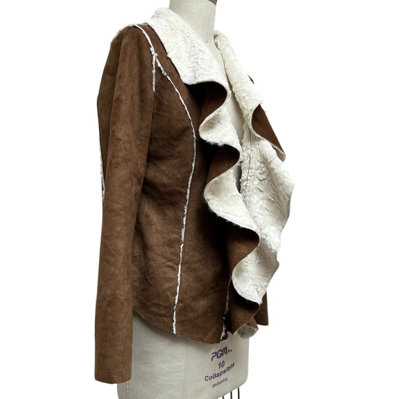 Jou Jou Shearling Coat Faux Sued Draped Collar Moto Jacket - Picture 3 of 6